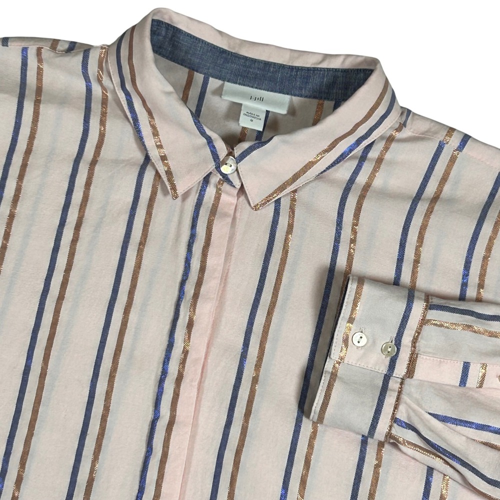 J Jill Women's‎ Striped Long Sleeve Button Down Shirt Pink Bronze Blue M